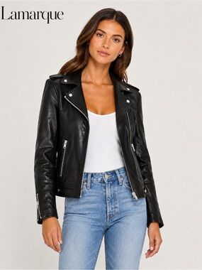 LAMARQUE Black Leather Moto Biker Jacket Silver Hardware NWOT  Size S